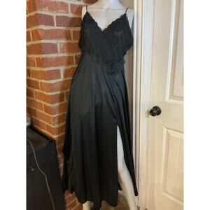 Vintage Black Satin Slip Dress Lace Trim Slit Dark Feminine 90s Midi Spaghetti